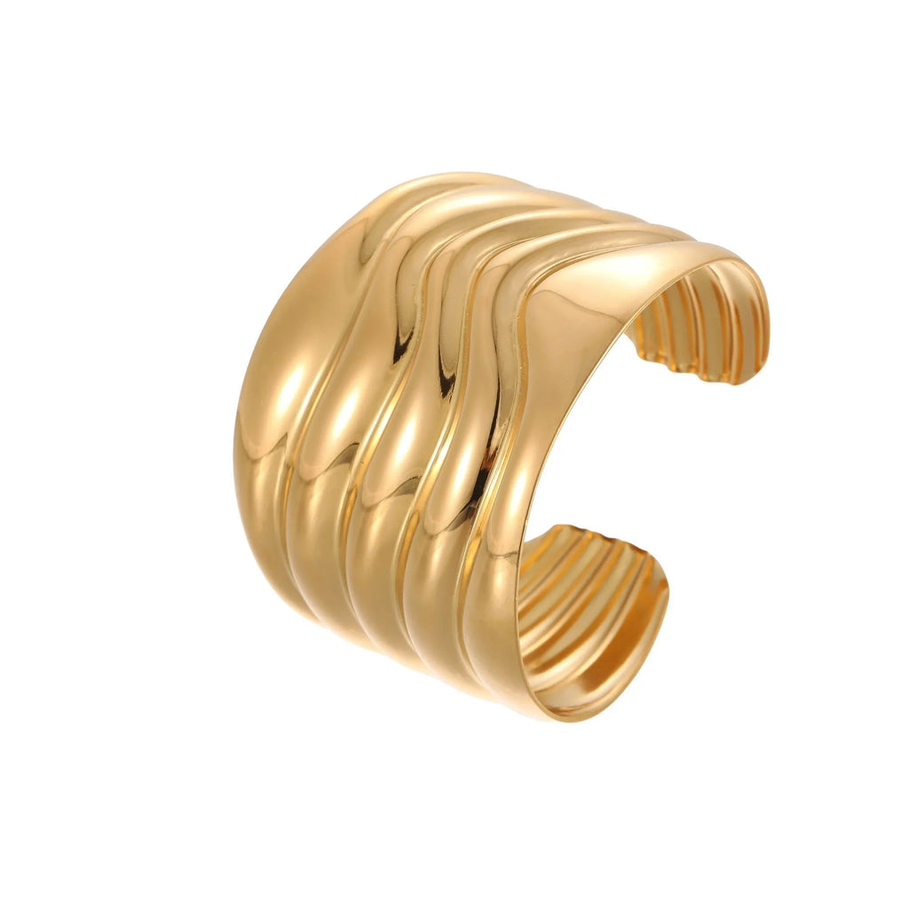 Women's exaggerated wide gold-plated bracelet with wave geometric design and niche opening