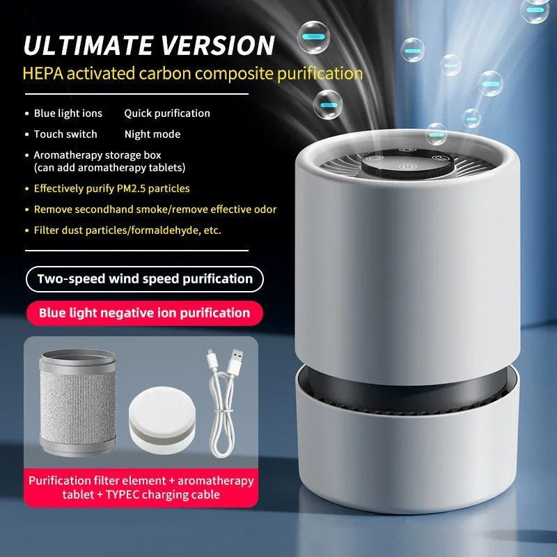 White simple style desktop air purifier with USB cable for small rooms.