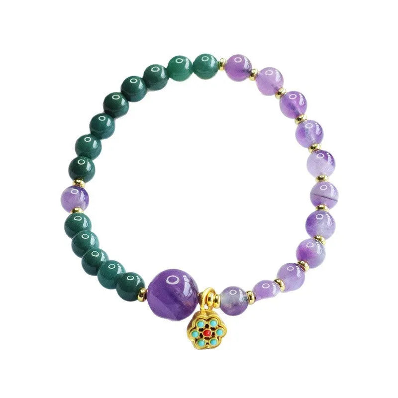 Natural blue water jade amethyst bracelet hand-woven with 6-10mm beads on white background