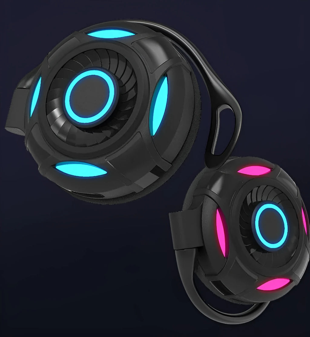 Black Bluetooth gaming earphones with hanging ear design and USB charging cable