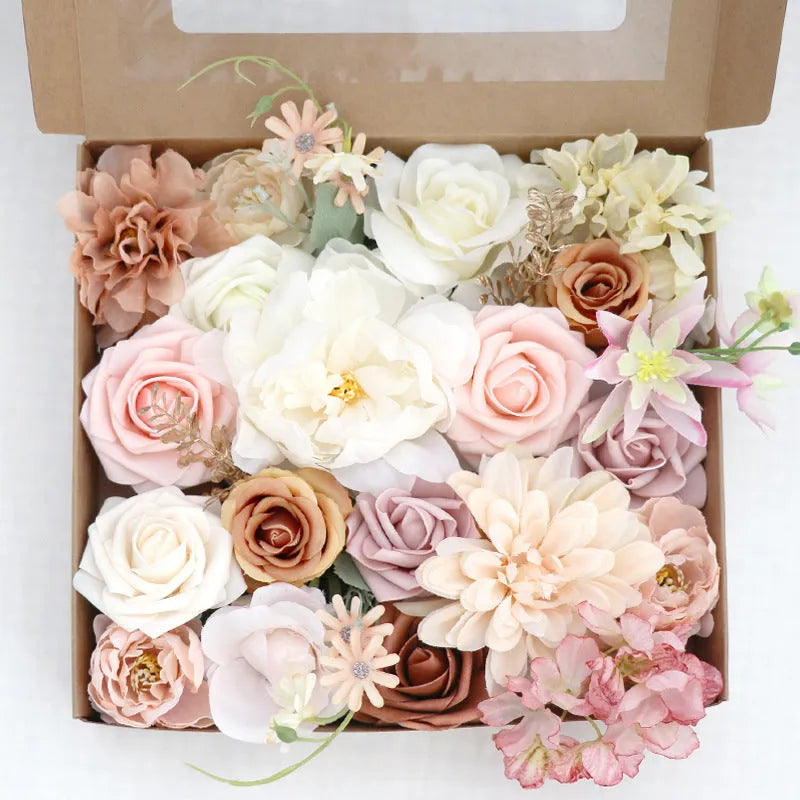 Silk flower bouquet in Lotus Pink Champagne Rose gift box with half-handmade arrangement on white background.