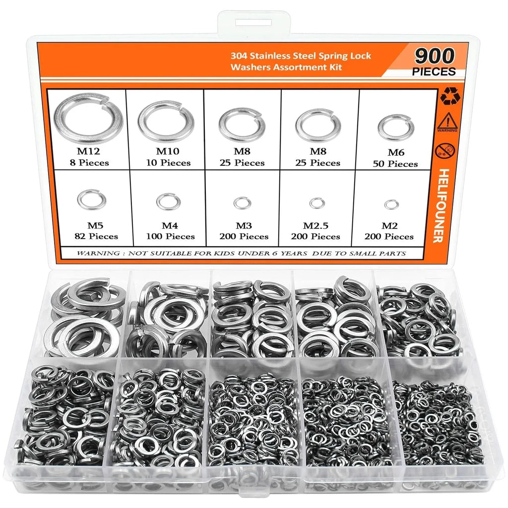 304 stainless steel spring lock washer combination box containing 900 pieces with 2-12mm diameters
