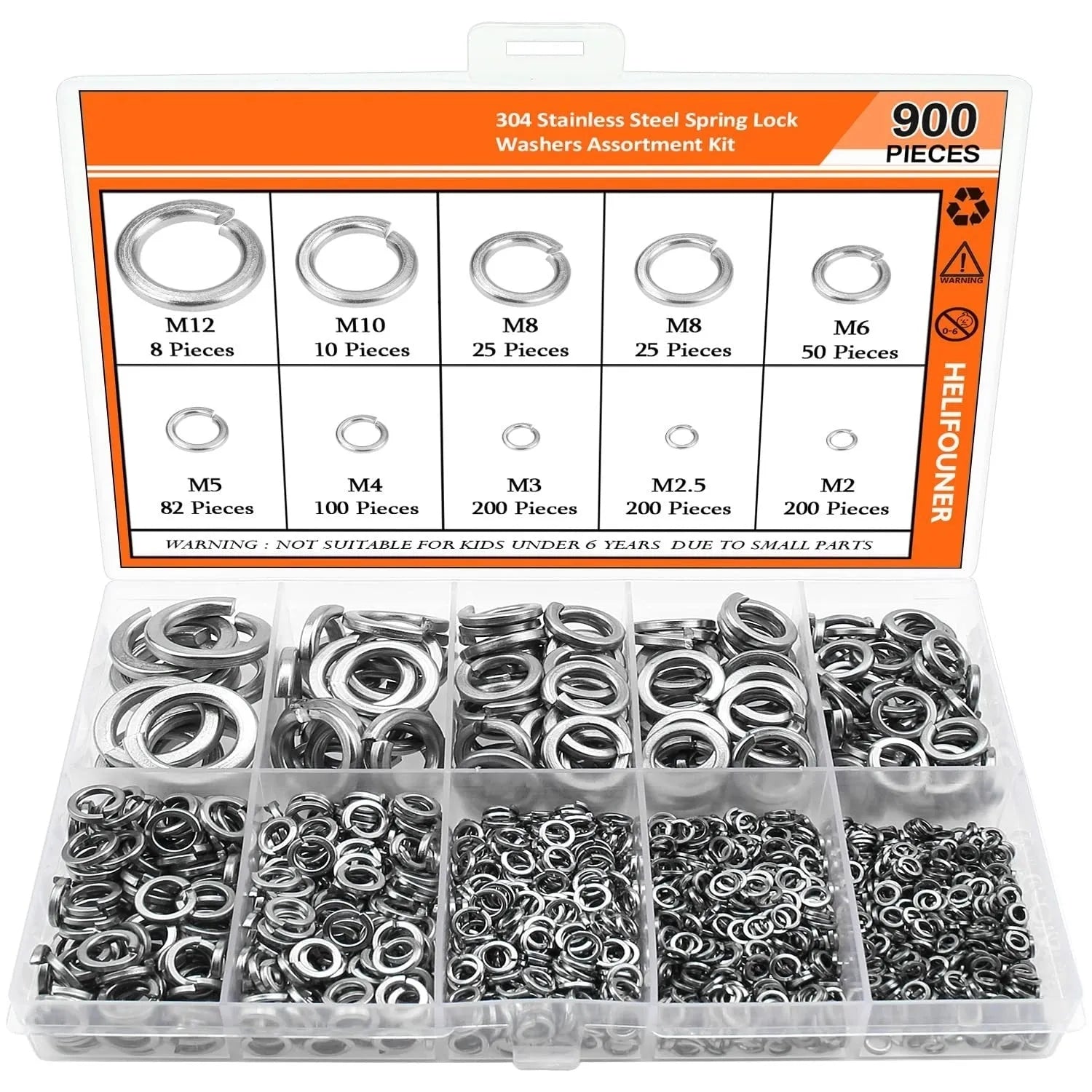 304 stainless steel spring lock washer combination box containing 900 pieces with 2-12mm diameters