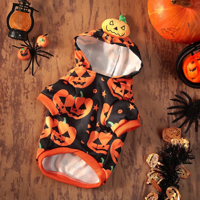 Halloween pumpkin pet costume for dogs and cats in crystal velvet material with sizing options