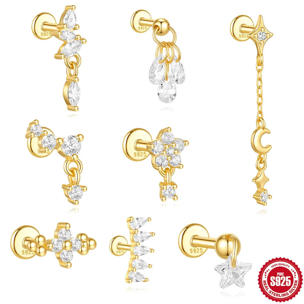 S925 sterling silver moon and star earrings with embedded diamond details in gold-plated finish