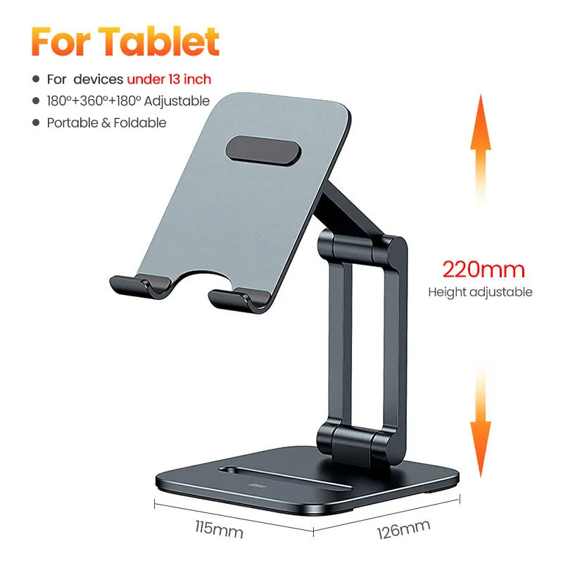 Folding aluminium alloy stand holding a 13-inch tablet on a desk, deep space gray colour, tablet model size 115 by 126 by 43 millimetres