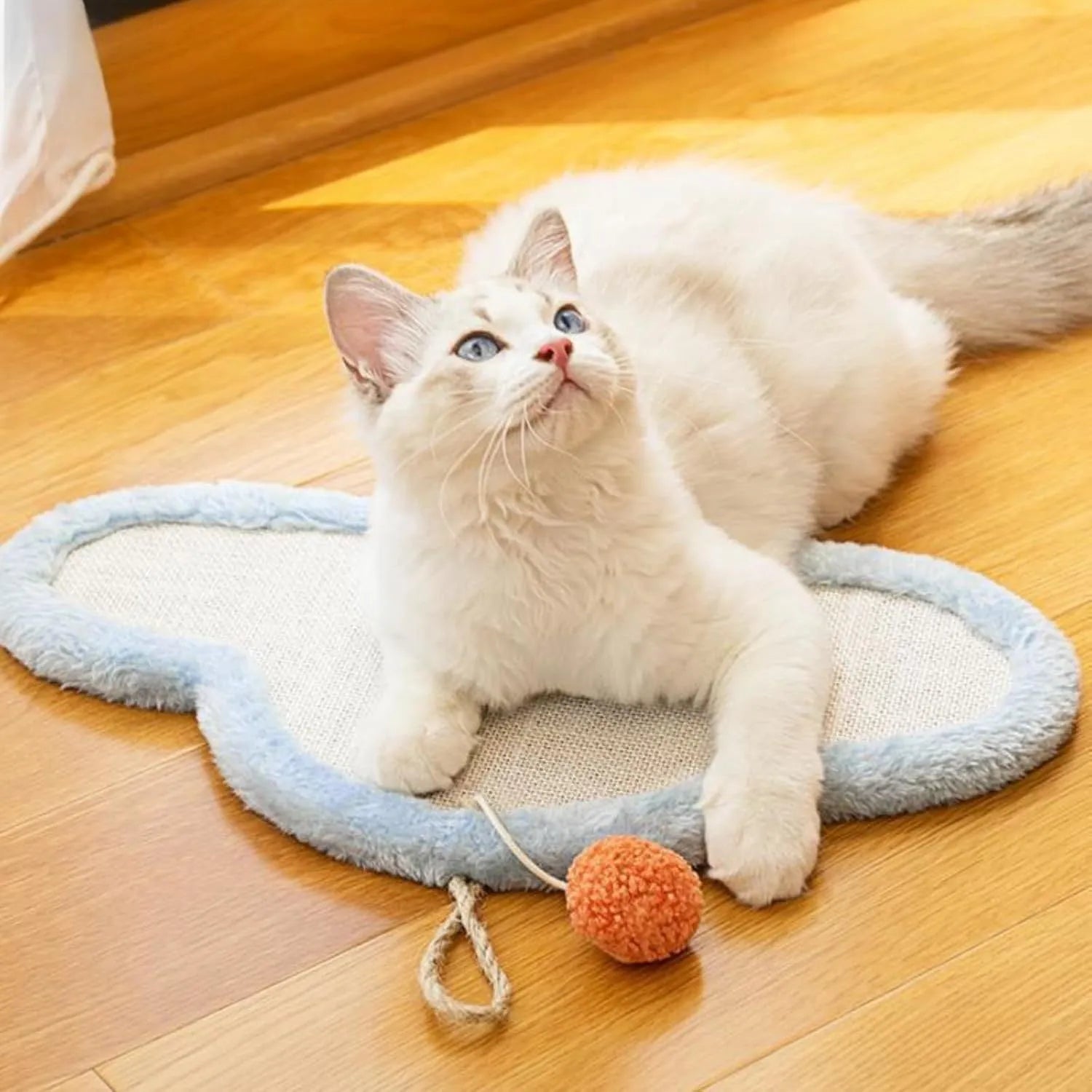 Wall-mounted natural sisal cat scratching mat with sleeping cat cartoon design