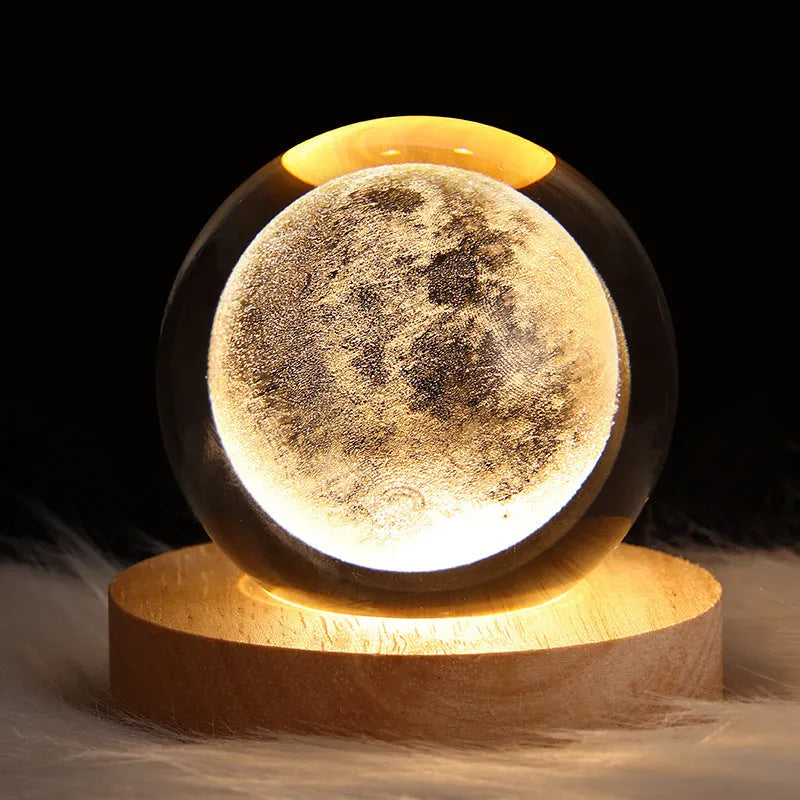 3D crystal ball night lamp with starry sky planets and moon projection on wooden base