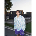 Floral pattern long sleeve shirt with embossed three-dimensional design in chemical fibre blend fabric