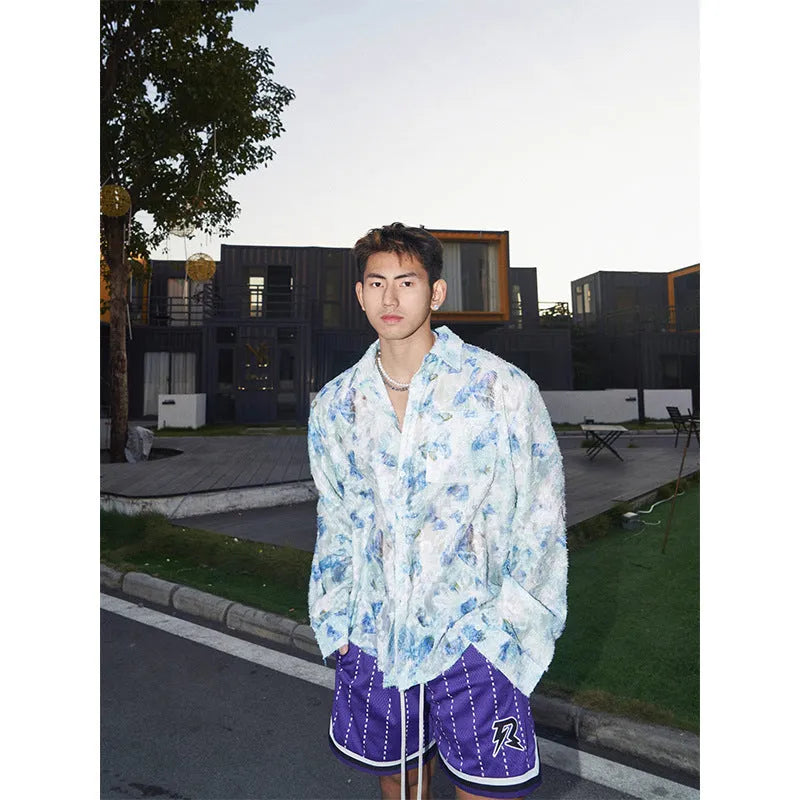 Floral pattern long sleeve shirt with embossed three-dimensional design in chemical fibre blend fabric