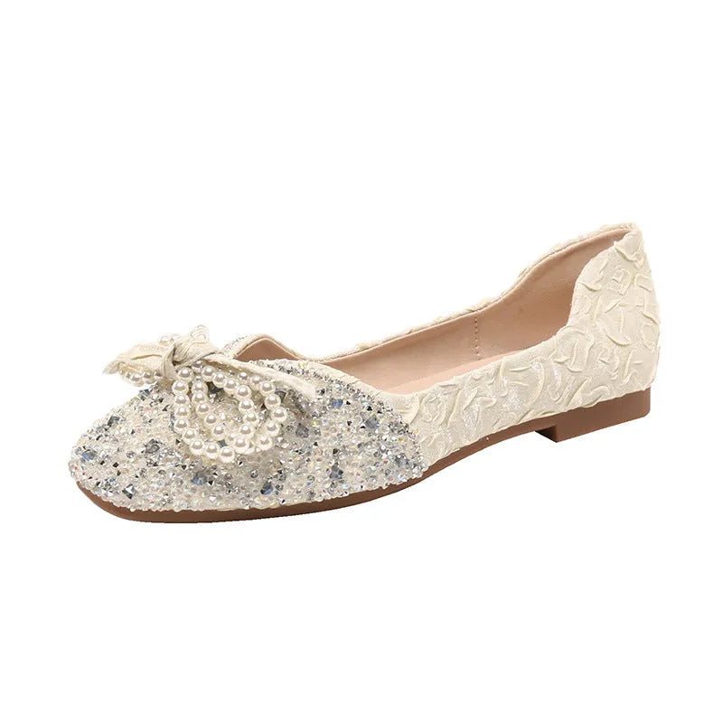 Women's square toe flat shoes with rhinestone and pearl embellishments in solid colour, low top design