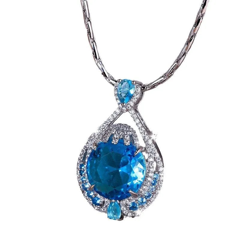 Blue geometric gem pendant necklace with water wave chain for women
