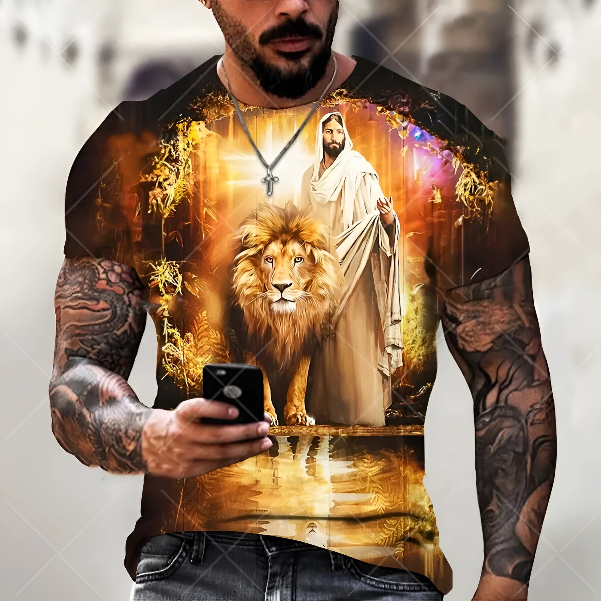 Front view of a men's grey t-shirt with a 3D printed Jesus pattern on the chest.