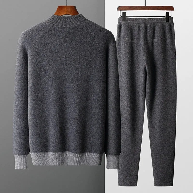 Men's camel cashmere wool blend winter cardigan suit with zip front and matching trousers