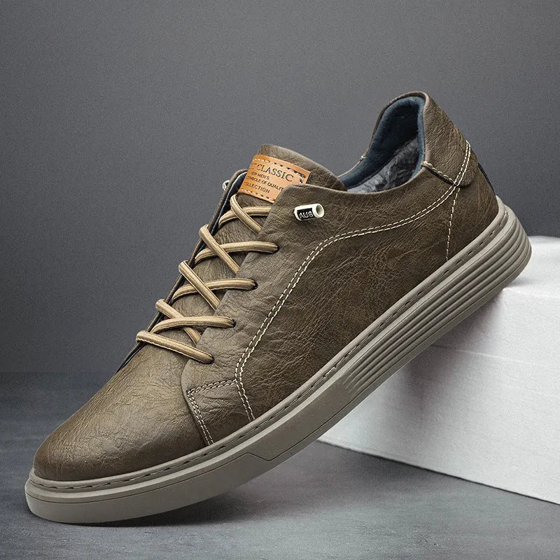 Men's two-layer cowhide casual low-top lace-up sneakers in khaki, round toe, front lace-up closure