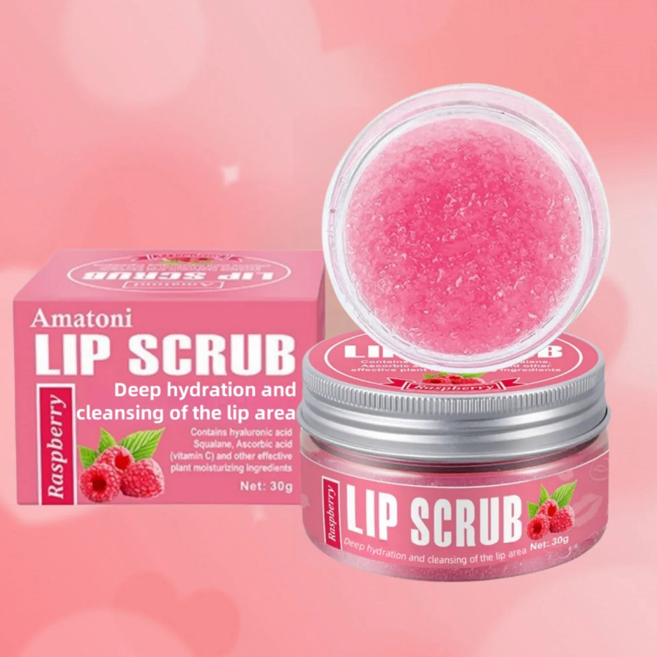 Amatoni Lip Scrub jar in 30g size with Coconut, Raspberry, Vanilla, or Watermelon flavour options.
