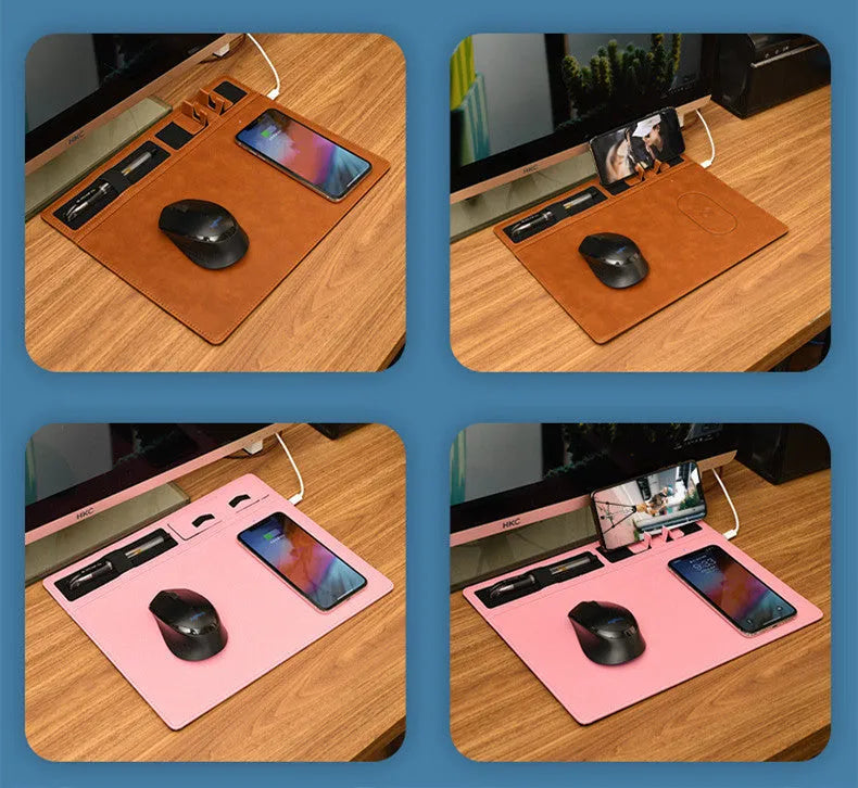 Pink wireless charging mouse pad with integrated mobile phone holder on a desk.