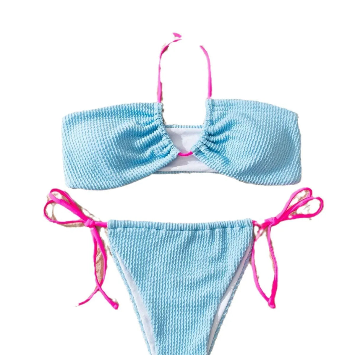 Solid colour women's seperated swimwear with halter lace-up top and high-waist briefs in picture colour