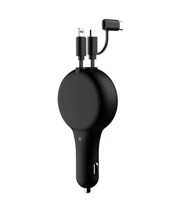 Black retractable car charger with extended cables showing dual USB ports and compact design
