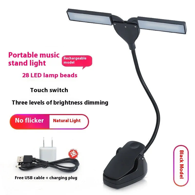 Music stand lamp with 28 LED lights for sheet music illumination in black plastic housing
