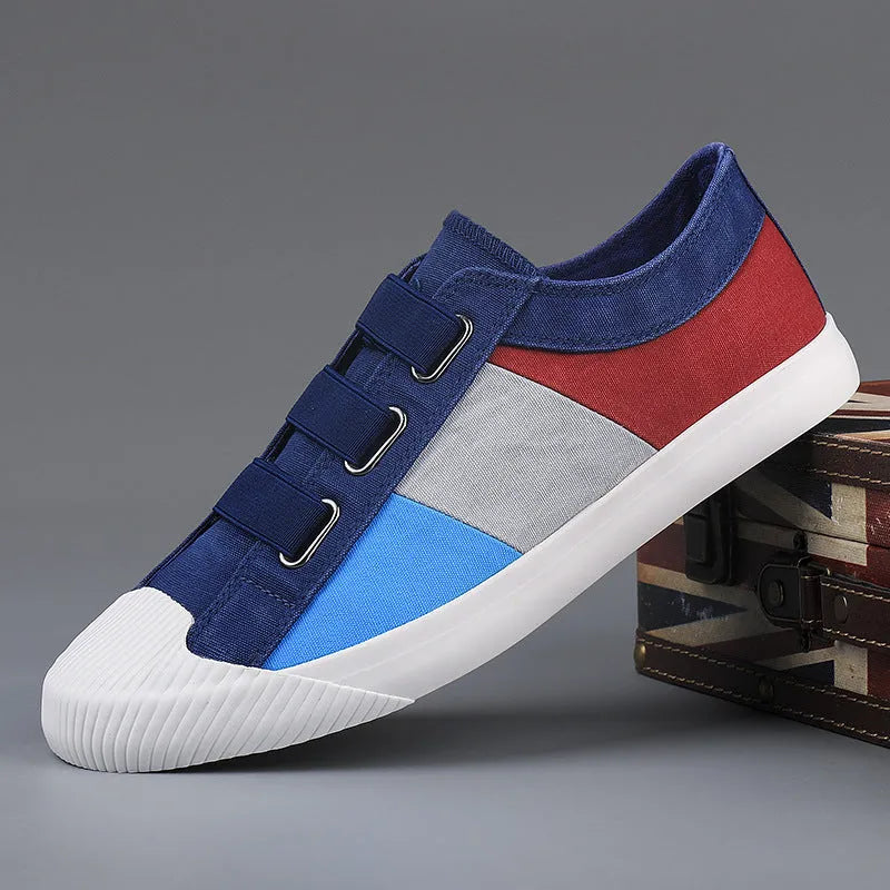 Men's low-top canvas sneakers with elastic band closure in beige colour