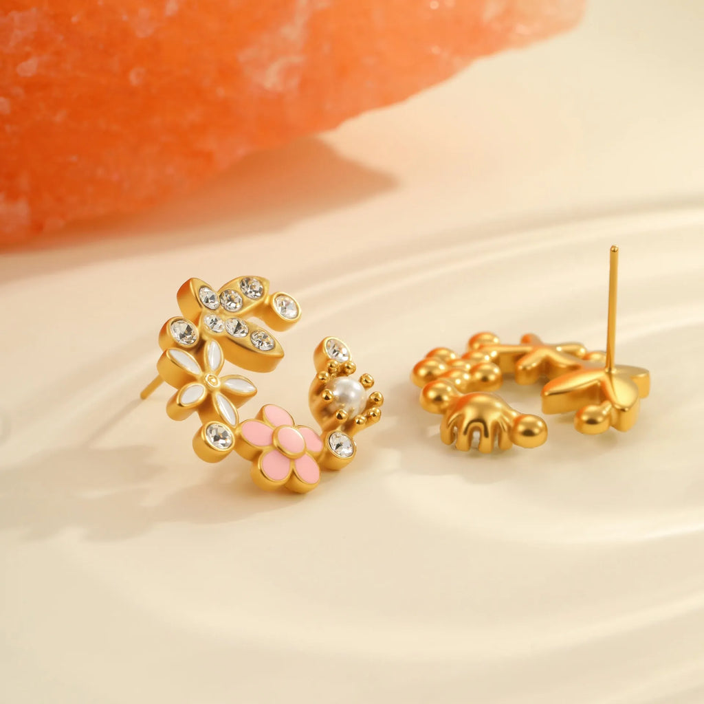 Colourful flower stud earrings with petal design on stainless steel with 18K gold electroplating