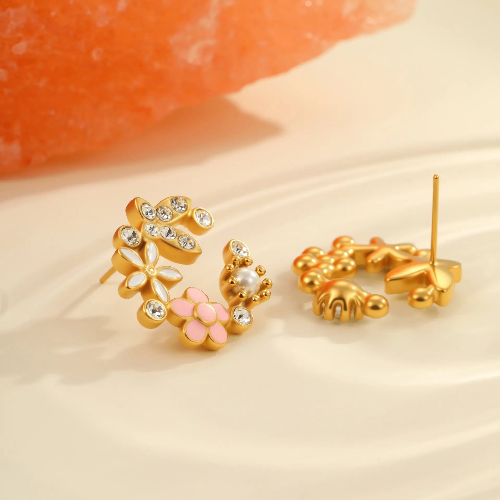 Colourful flower stud earrings with petal design on stainless steel with 18K gold electroplating