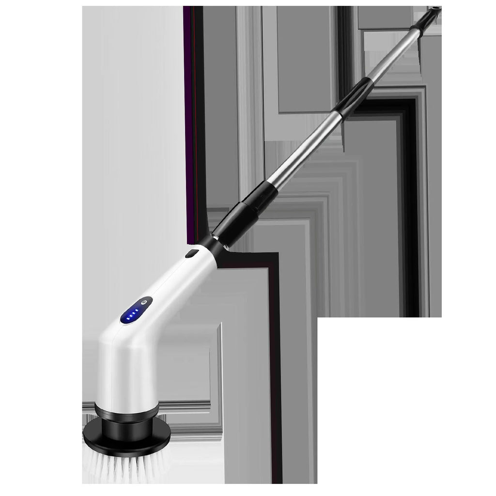 White handheld rechargeable cleaning ball with brush and international power adapters.