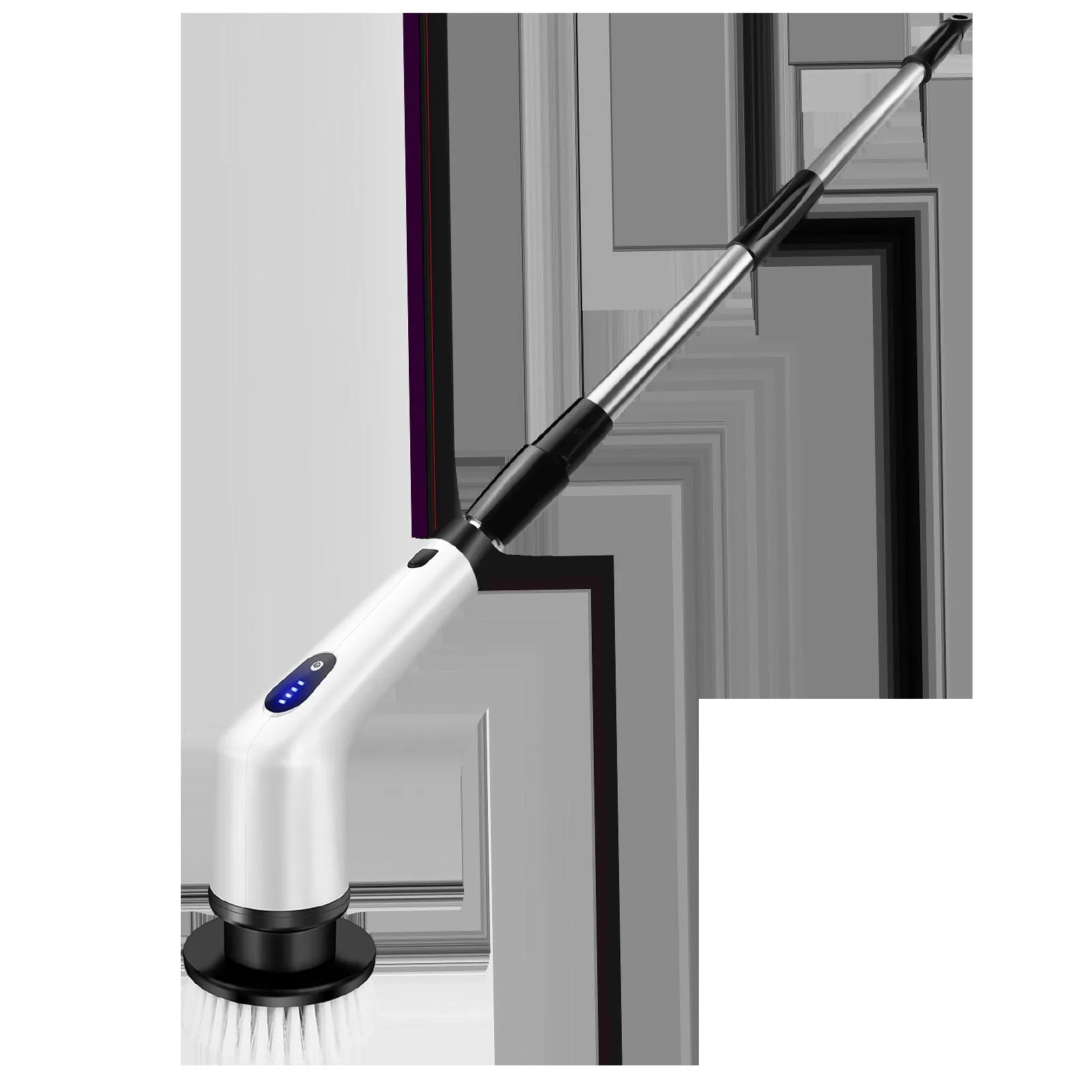 White handheld rechargeable cleaning ball with brush and international power adapters.
