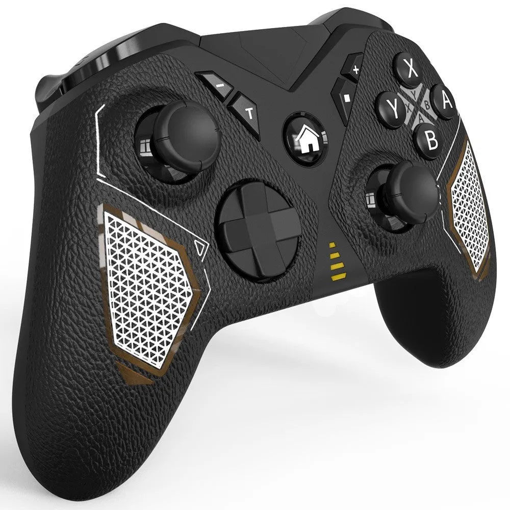 Black wireless game controller with leather-pattern texture on handles for Nintendo computers and mobile phones.