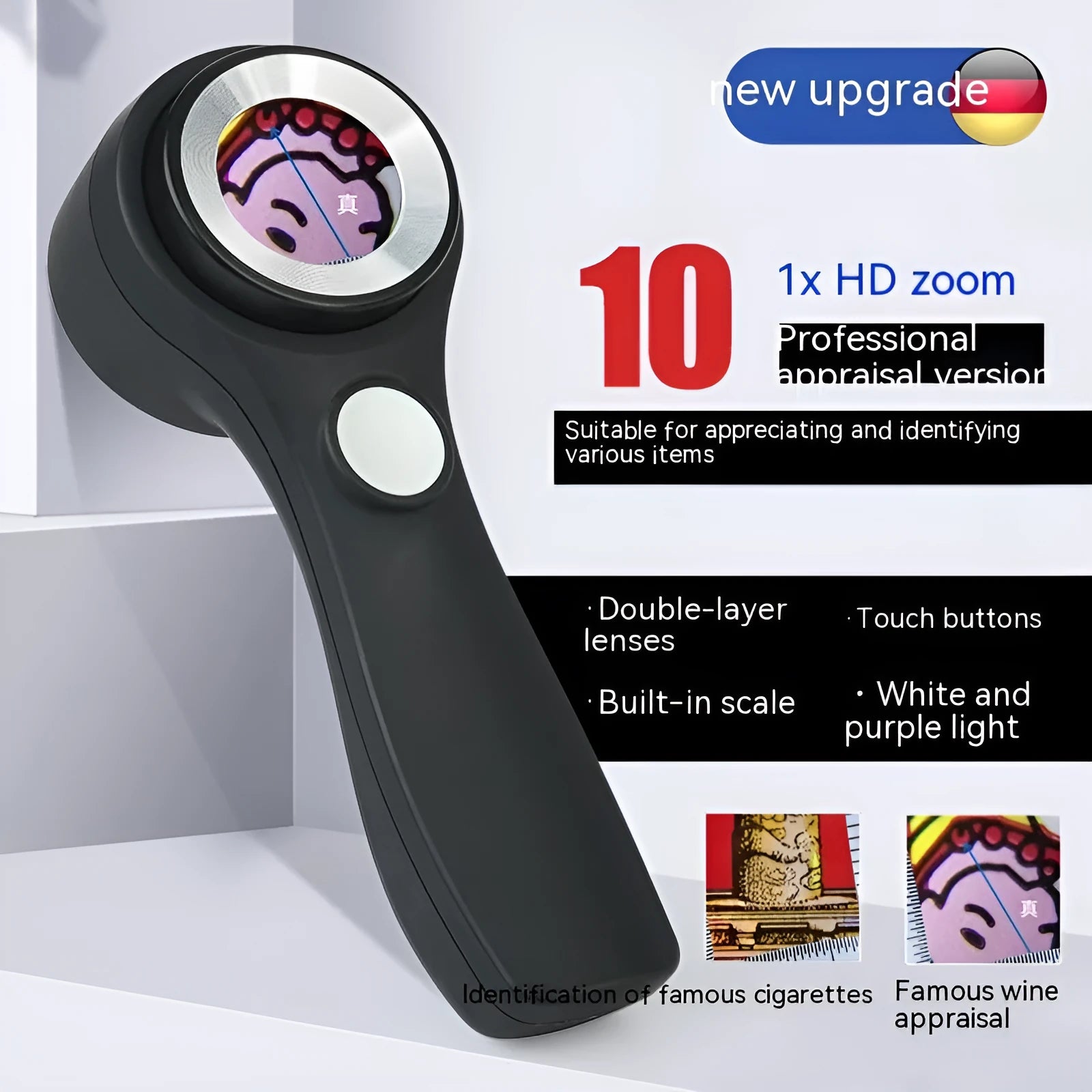 Professional magnifying glass with optical glass lens for jewellery tobacco alcohol appraisal in black or silver finish