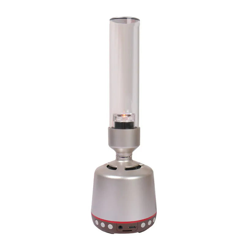 White silver Bluetooth speaker night light with candlelight effect and modern simple design