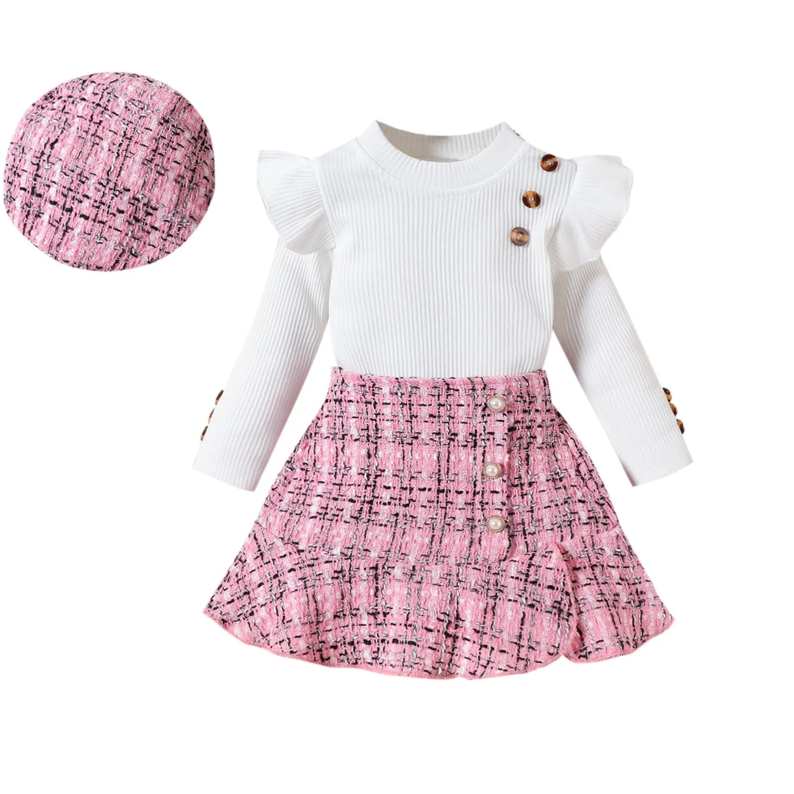 Girls cotton plaid three-piece skirt suit with long sleeve top fishtail skirt and hat in black and pink sizes 90-130cm