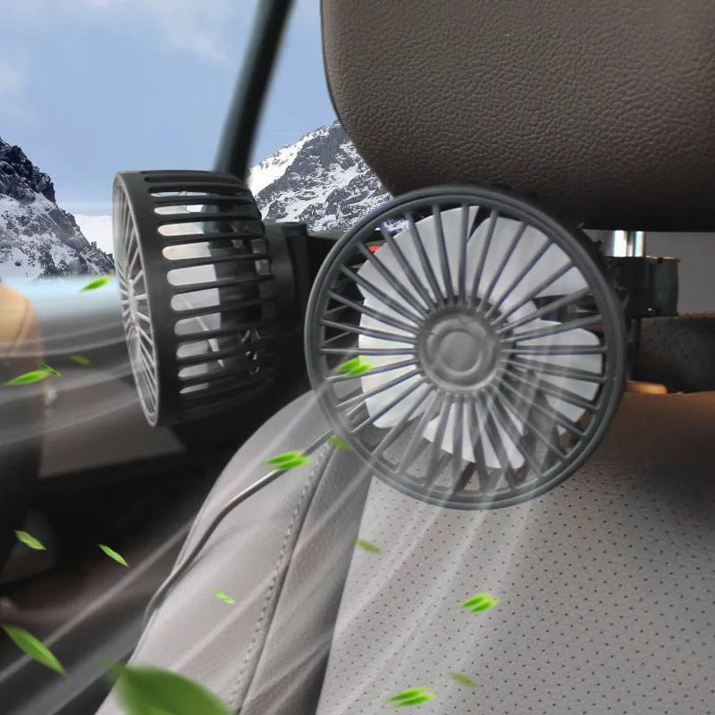 Black car USB rear pillow single head fan with adjustable head on PP base
