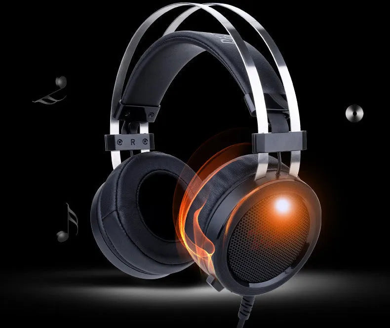 Black wired computer gaming headset with a long cable and a 3.5mm plug.