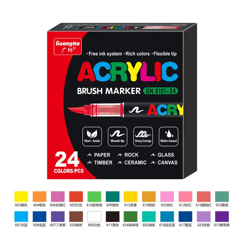 Set of straight liquid acrylic paint marker pens with soft brush tips in multiple colours
