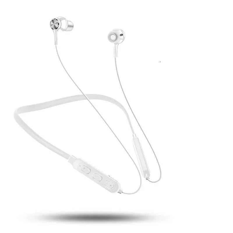 Neckband sports Bluetooth earphones in black, red or white colours showing bilateral earpieces and neckband design