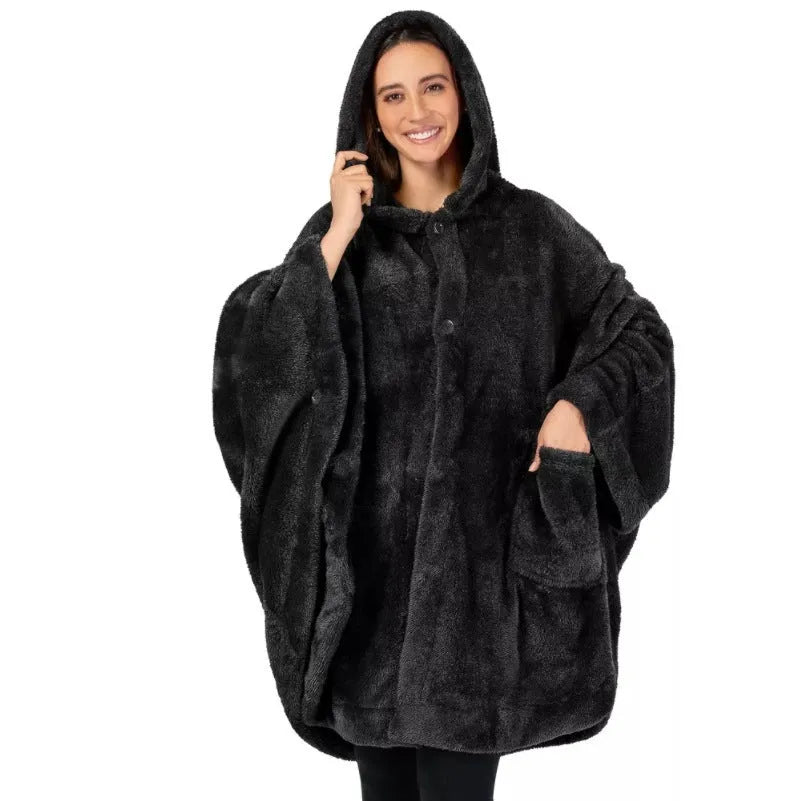 Thickened hooded bathrobe cardigan in black, dark gray or pink solid colours with long sleeves