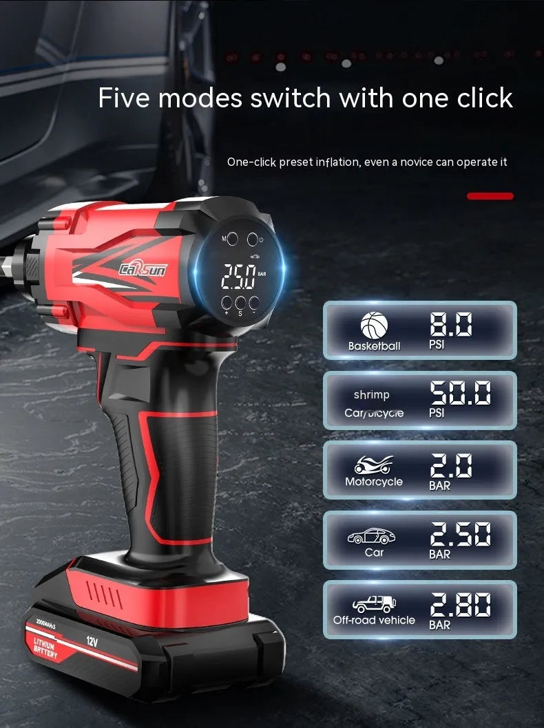 Red and black wireless car tyre inflator with nozzle attachments and power cable