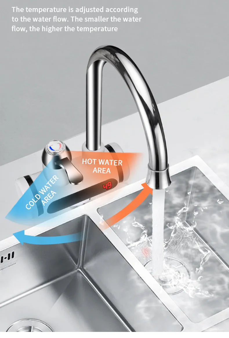 White electric kitchen water heater with digital temperature display and water separation technology