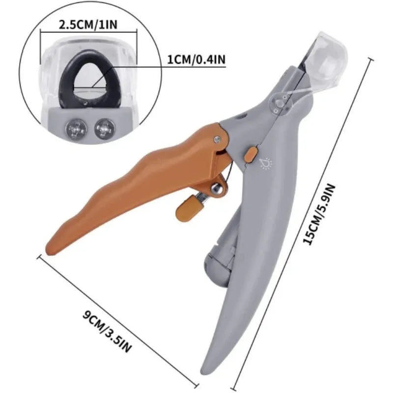 Yellow pet nail clipper with LED light and magnifying lens for dogs and cats