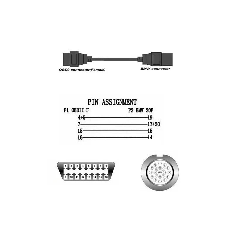 BMW OBD2 adapter cable with 20-pin and 16-pin connectors for vehicle diagnostics.