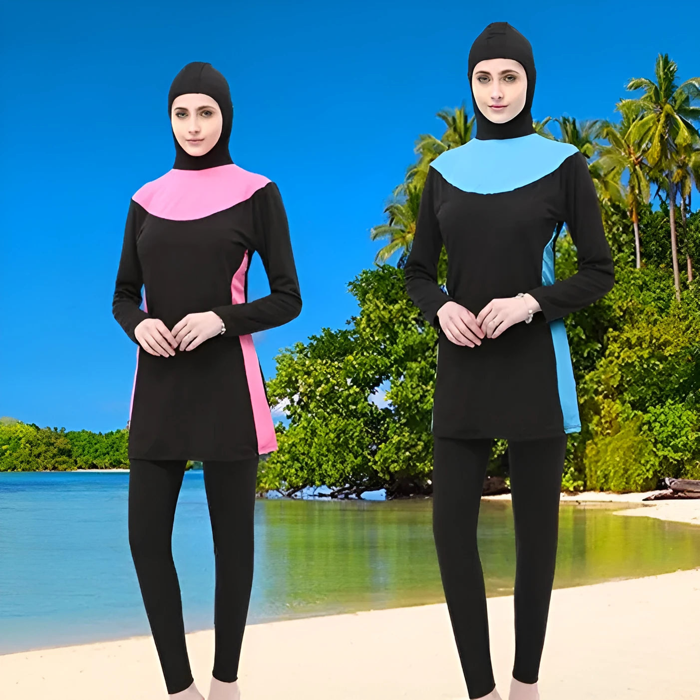 Conservative black women's swimsuit set with long sleeves, a hood, and separate pants.