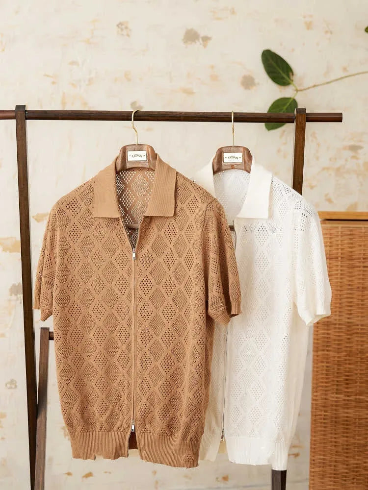 Men's short sleeve cotton cardigan with lapel collar and zipper in light coffee and white colours