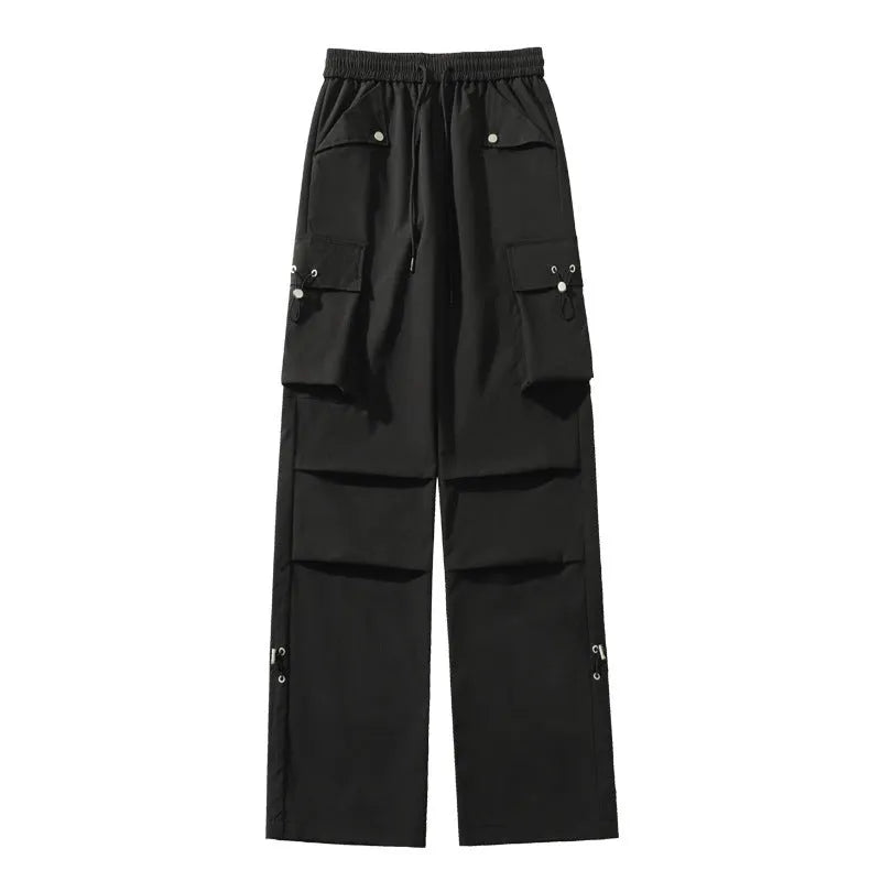 Plus size waterproof loose trousers in black, white, or gray with mid-waist drawstring and straight leg design