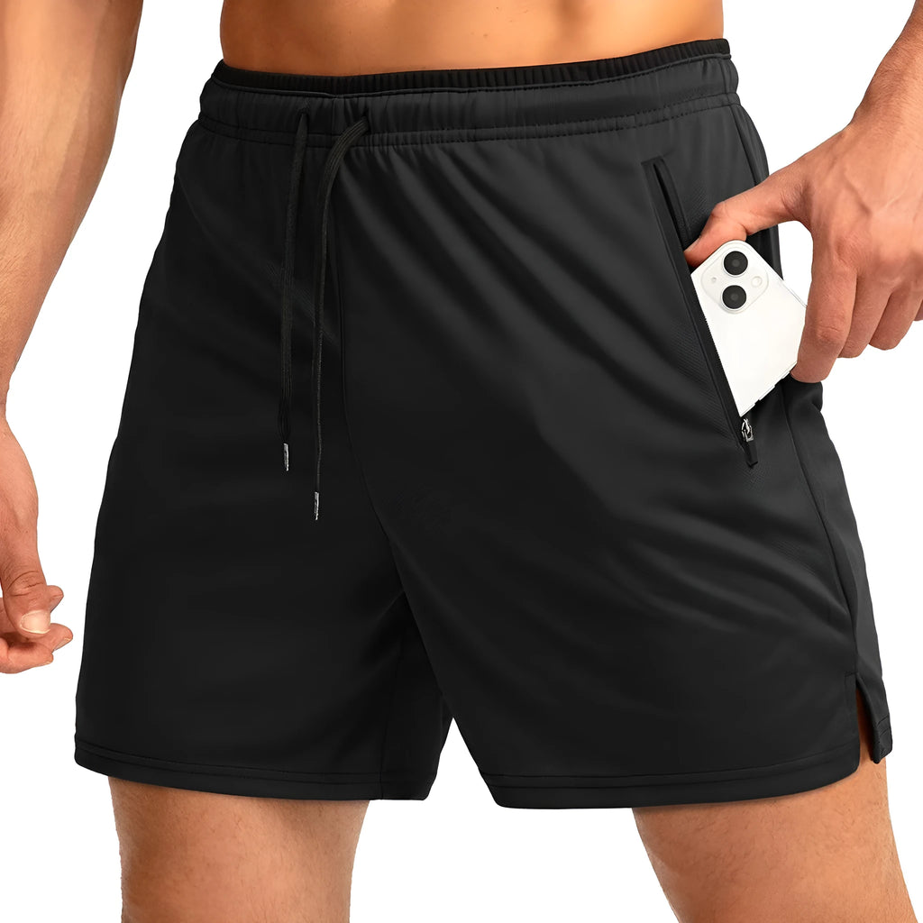Men's running short with belt and zipper pocket in army green on white background