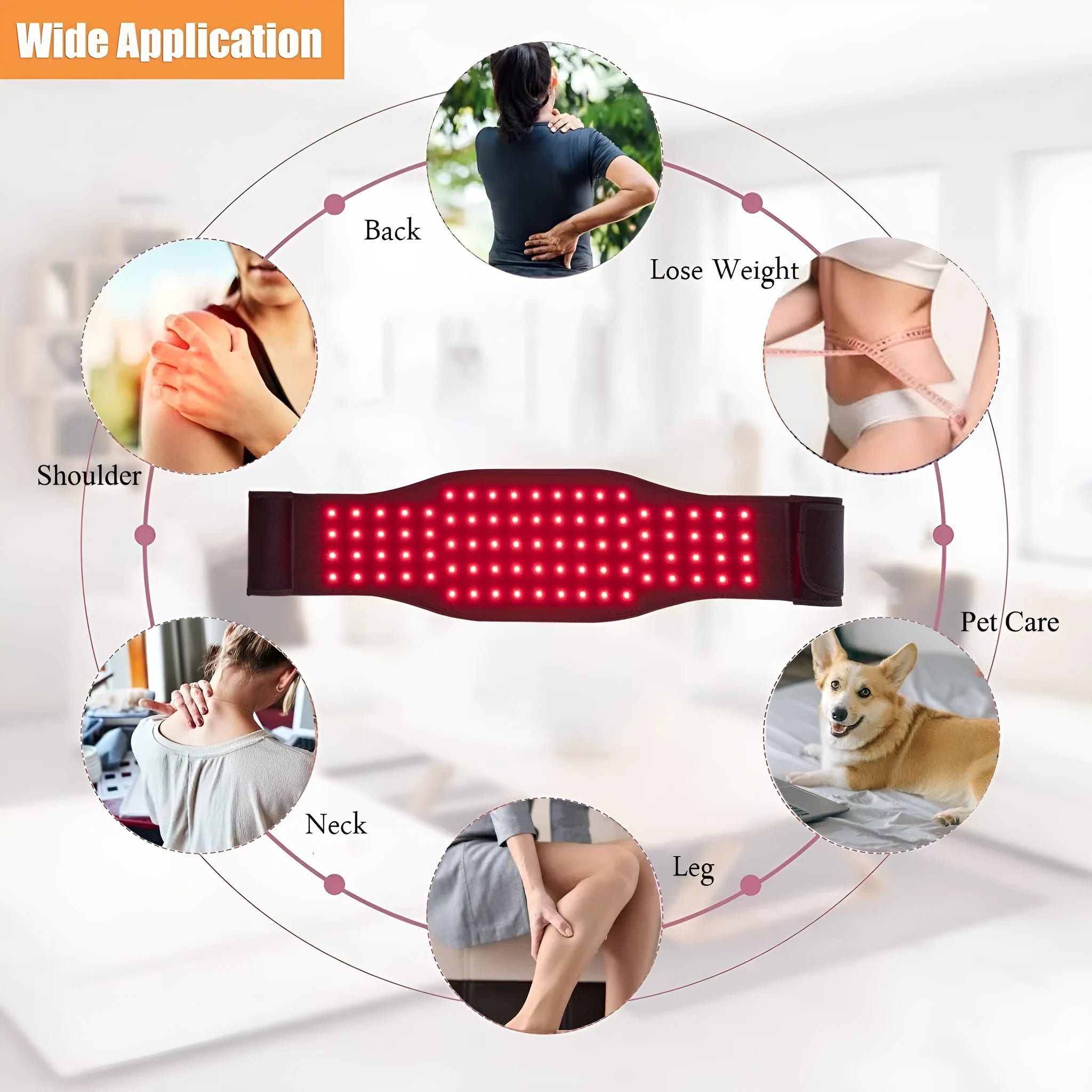 Black infrared therapy belt for waist pain relief with red light technology and international power plugs