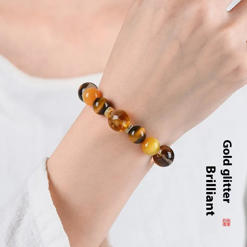 Natural yellow tower crystal string beads bracelet with 10mm Jinba beads on wrist