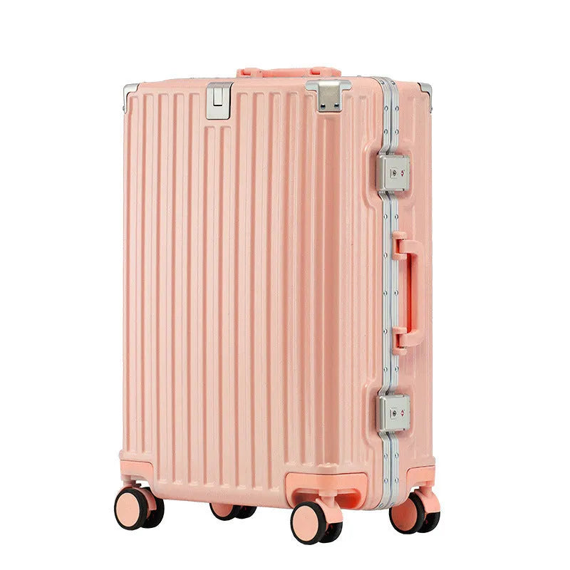 Aluminium frame trolley suitcase in avocado green with wheels and a USB port.