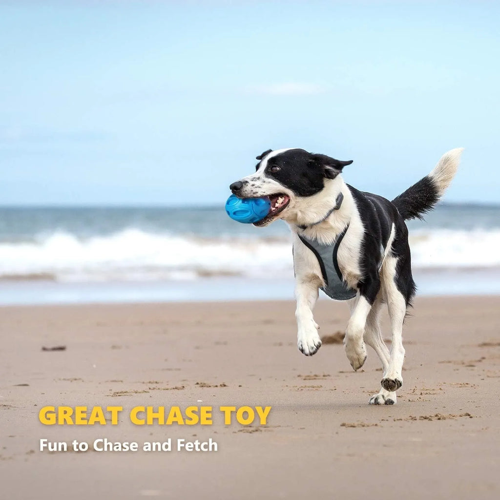 Natural rubber squeaky dog chew ball in blue, green or orange for medium large breeds